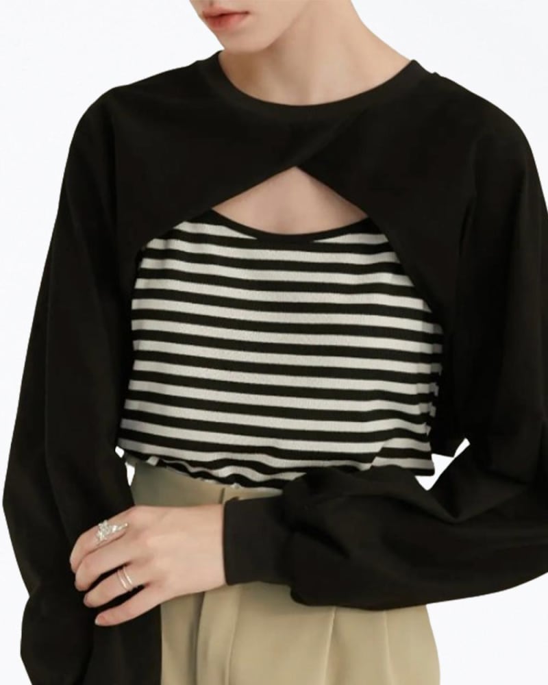 Front of a model wearing a size L Laverne Convertible Cropped Cutout Tank Bolero Set in Black/White in Black/White by FANGYAN. | dia_product_style_image_id:336797